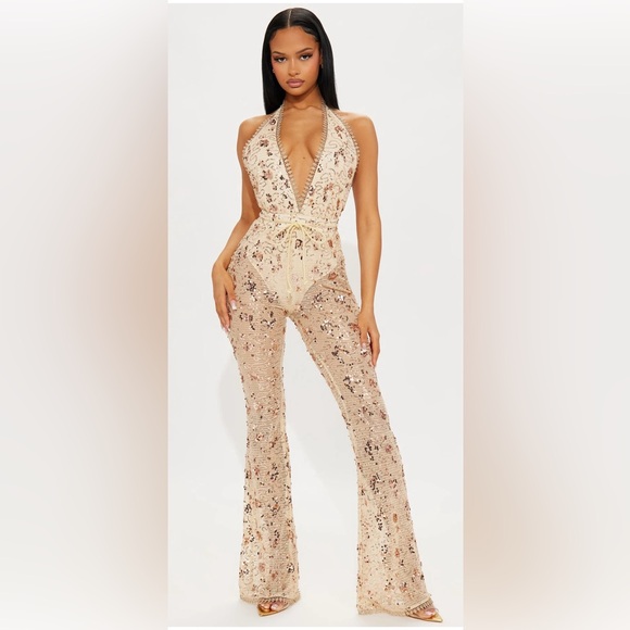 Fashion Nova Pants - Fashion Nova Gold Taboo Sequin Jumpsuit – Size Large
